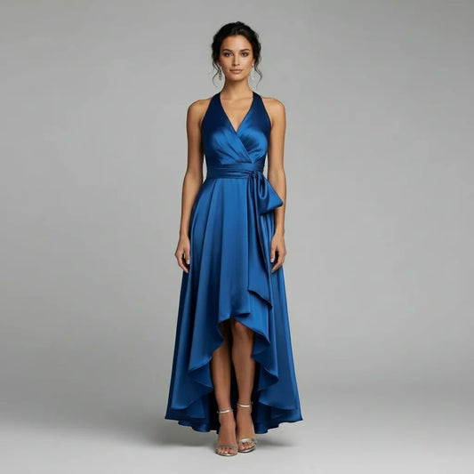 Midnight Elegance Satin Halter Ruffle Gown